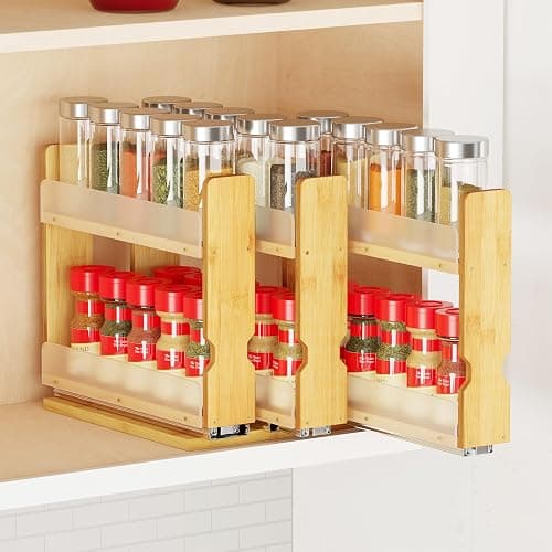 SpaceAid Bamboo Pull Out Spice Rack Organizer for Cabinet, Heavy Duty Slide Out Seasoning Kitchen Pantry Sliding Vertical Organization, 7.6" Wide, 3 Drawers(2" Wide), 2-Tier, Natural - Image 1