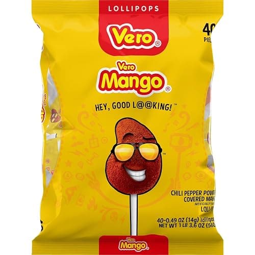 Vero Mango Lollipops with Chili Powder 40 Count Bulk Bag (Net Wt. 22.4 Ounces) Mexican Candy Spicy Mango Flavor Dulces Mexicanos - Bulk Candies, Perfect for Parties, Piñatas & Celebrations - Image 1