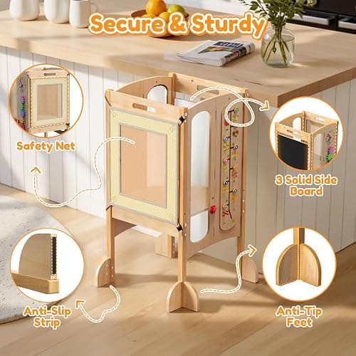 FlyingBoom Foldable Toddler Tower, Kitchen Stool Helper with 2 Step Stool, Toddler Standing Tower for Kids with Safety Net, Adjustable Height, Chalk-Whiteboard &Montessori Activity Games thumbnail 3