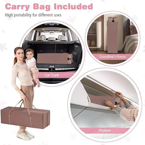 COSTWAY 3 in 1 Portable Travel Cot, Folding Baby Bassinet and Activity Playpen with Changing Table, Mattress, Music Box, Hanging Toys, Wheels and Carry Bag, Baby Crib Bed for Boys Girls (Pink) thumbnail 7