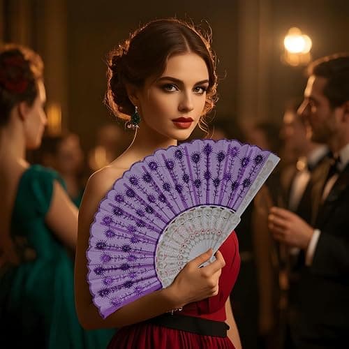QIRMIZI 10 PACK Fabric Folding Handheld Fans, Perfect for Weddings, Parties, and Dancing,Purple thumbnail 2
