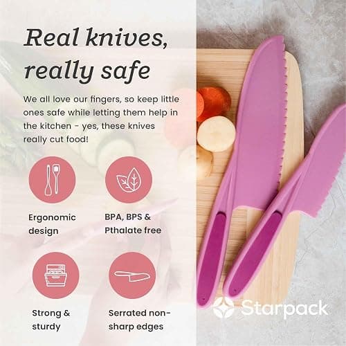 Starpack 'Finger Loving' Kid Safe Kitchen Knife Set of 3 - Kids Knife Set for Real Cooking - Serrated Edges Toddler Knife Sets for 3+ Year Olds - Montessori Knife Sets - BPA-Free Nylon Knives for Kids thumbnail 2