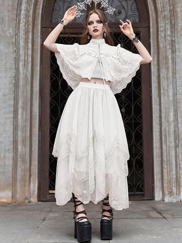 SHENHE Women's Lace Trim Layered Mesh Tulle Skirt High Waist Asymmetrical Long Goth Skirt thumbnail 3