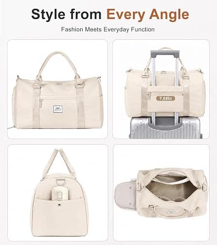 FIORETTO Womens Gym Tote Duffle Bag with Wet Pocket & Shoe Compartment, Sports Duffel Overnight Weekender Hospital Workout Carry on Bag for Girls, Ideal for Travel, Swimming, Dance, Ballet Beige thumbnail 7