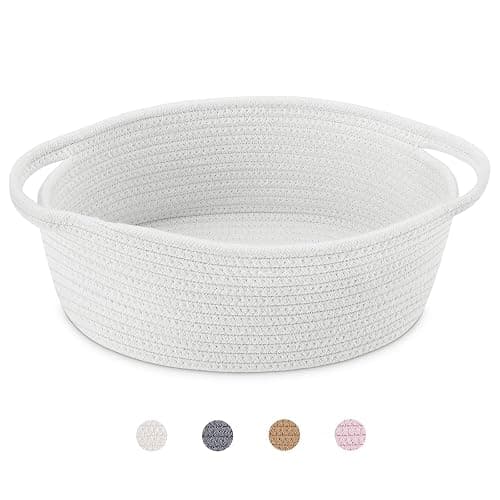 ABenkle Small Basket with Handles, Boho Decorative Rope Woven Dog Cat Toy Storage Bin Shelf Storage Organizer, Easter Christmas Gift Basket, 12"x8"x5", White - Image 1