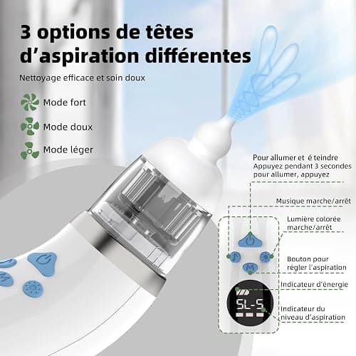 Mouche Bebe Electrique, Mouche nez Bébé confort 5 niveaux d'aspiration mouche-bébé 3 tailles Embout musique et lumière apaisantes affichage LED portable thumbnail 4