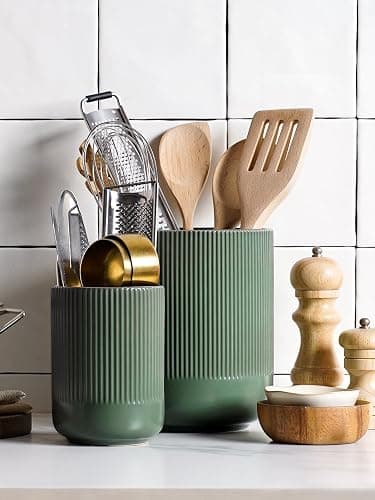 LE TAUCI Utensil Holder, 7.3"+5.4" Ceramic Kitchen Utensil Holder for Countertop, Large Cooking Utensil Crocks for Kitchen Counter, Modern Utensil Organizer for Spatula, Set of 2, Forest Green thumbnail 2