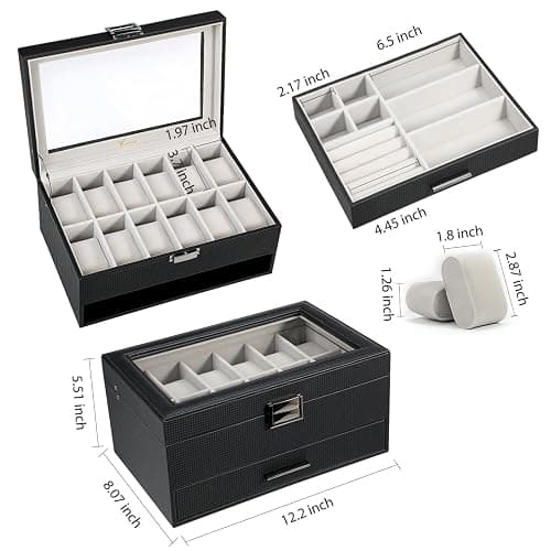 Voova Jewelry Box Watch Boxes Organizer for Men Women, 2 Layer Large 12 Slot PU Leather Watch Storage Case, Glass Top Jewelry Display Holder for Watches Sunglasses Rings Necklaces Bracelets,Black+Grey thumbnail 3