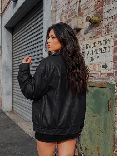 AUTOMET Women's Oversized Faux Leather Jacket for Fall and Winter | Concert Outfits, Boyfriend Biker Moto Coat, Medium weight Fall Bomber Jackets, Music Festival Winter Outerwear thumbnail 4