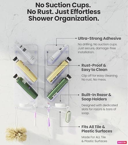 ShowerGem Easy Clean Shower Caddy, 2 Pack Durable Rustproof Bath Organizer, No Suction Cups, No Screws, Wall Mounted Adjustable Shower Rack, Acrylic Shelves As Seen On Instagram thumbnail 2