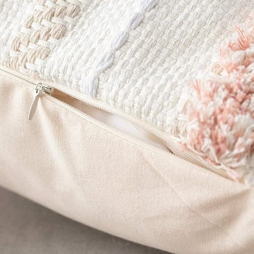 MeMoreCool Boho Tufted Lumbar Pillow Cover 12×20 with Tassels, Neutral Farmhouse Decorative Throw Pillow Case for Couch & Bed, 100% Cotton Woven, Hidden Zipper, Pink (Cover Only) thumbnail 8