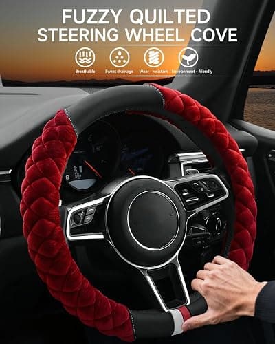 Cxtiy Plush Steering Wheel Cover for Women, Fluffy Soft Warm Winter Steering Wheel Grip for Car Interior Accessories (A-Burgundy) thumbnail 3