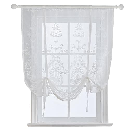 HomeyHo Sheer Tie Up Curtains for Bathroom Girls Bedroom Flower Embroidered Liftable Curtain Kitchen White Lace Short Balloon Curtains for Small Window 31 x 47 Inch - Image 1