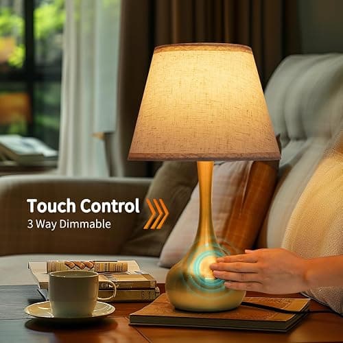 ONEWISH Touch Table Lamp for Bedroom, 3-Way Dimmable Gold Bedside Lamps for Nightstand with Fabric Shade, Desk Lamp for Kids Reading, Home Office thumbnail 3