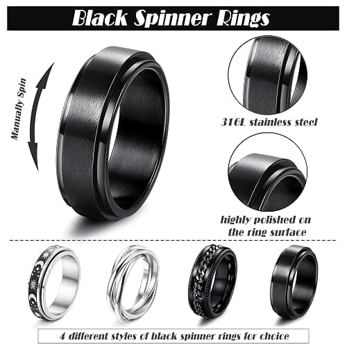 Stainless Steel Fidget Anxiety Ring for Women Men Fidget Spinner Rings Moon Star Celtic Stress Relieving Spinning Ring Wedding Band Rings Set,4-6Pcs, Stainless Steel, No Gemstone thumbnail 3