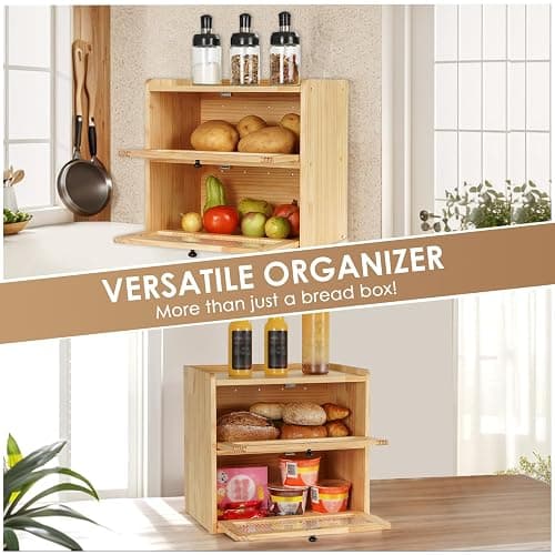 Sunhoo Bread Box for Kitchen Countertop Wooden Bread Storage Container Bin 2 Layer Breadbox Holder Large Capacity Keeper Vintage Farmhouse Food Organizer Pantry Shelf Acrylic Window（Wood color） thumbnail 6