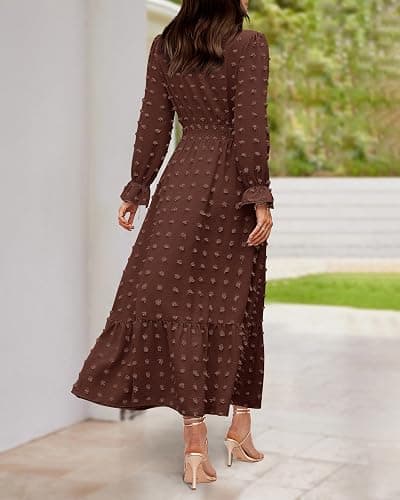 BTFBM Women Fall Maxi Dresses 2025 Long Sleeve V Neck Swiss Dots High Waisted A-Line Ruffle Boho Long Dress Vacation thumbnail 6