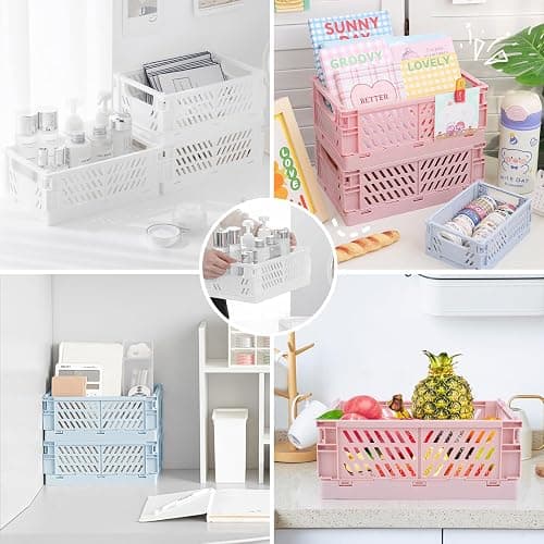 Weraher Plastic Baskets for Desk Organizing, Drawer Organizer, 2 Medium+2 Small Durable Folding Storage Crate for Home Kitchen Classroom Office Bedroom and Bathroom (Pink) thumbnail 6