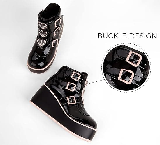 LUCKY STEP Women Platform Chunky Ankle Boots - Round Toe Zipper Wedges High Heels Rave Buckle Thick Sole Goth Booties thumbnail 3