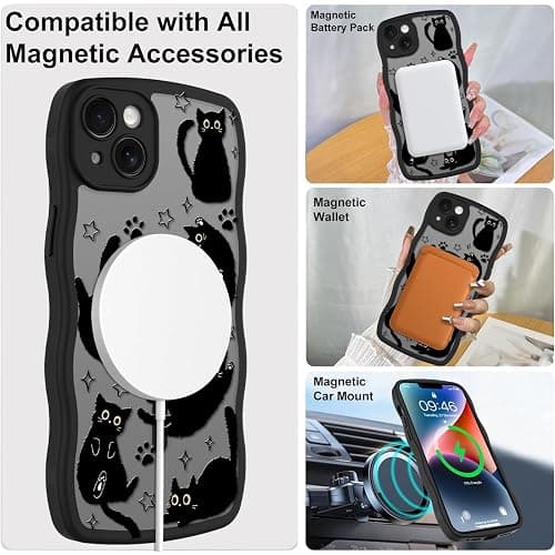 Heaofei Cute Wavy Case for iPhone 14 Case with Black Cats Pattern | Compatible with MagSafe, Cat Print Design for Women Girls, Drop Proof Animal Magnetic Protective Phone Cover thumbnail 3