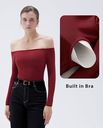 SUUKSESS Women Padded Off The Shoulder Tops Ribbed Long Sleeve Shirts Fall Basic thumbnail 4