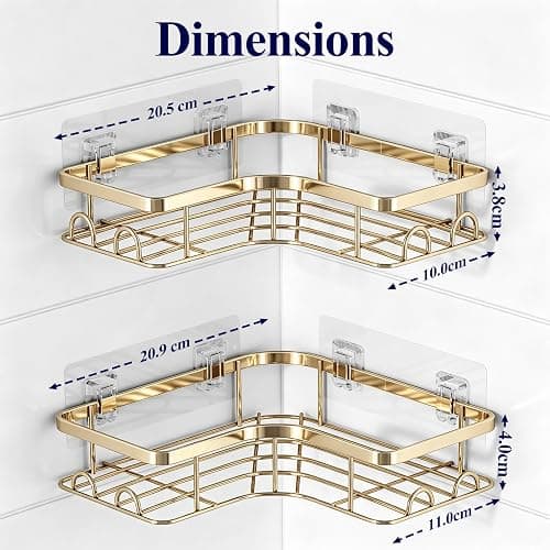 Kitsure Corner Shower Caddy, Rustproof Bathroom Shelves, Large, Gold | 2 Pack Corner Shower Shelf with 4 Hooks, Drill-Free Adhesive Mount, Large Capacity Bathroom Storage, Quick Drain & Durable thumbnail 2