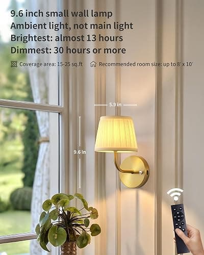 PUSU LED Cordless Gold H9.6 inch Small Wall Sconces Set of 2, Rechargeable 5200mAh Battery Operated Fabric Wall Lamp with Remote, Lighting for Living Room, Bedroom, Hallway, Bathroom, Stairs, Kitchen thumbnail 2