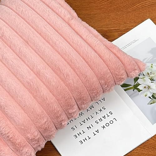 18x18 Throw Pillow Covers Set of 2, Decorative Faux Fur Covers for Bed, Couch Soft Fluffy Pillow Cover with Velvet Back for Living Room, Neutral Home Décor Accent for Sofa - Pink - Pink - 18" x 18" (Pack of 2) thumbnail 7