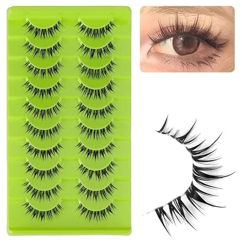 outopen 10 Pairs Manga Lashes Wet Look Japanese Anime Cosplay Eyelashes Clear Band Doll Lashes Korean Asian Makeup Lashes Spiky Fake Eyelashes Look Like Individual Clusters(Wet Natural 9-12 MM) - A08-Wet Natural | 9-12 MM thumbnail 4