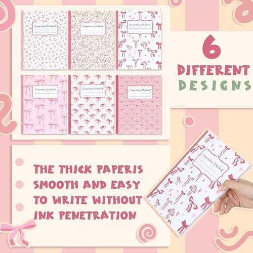 Fullhawl 6 Pack Composition Notebook College Ruled Bulk Pink Bow Composition Notebook Preppy Aesthetic for Back to School Supplies 110 Pages 9-3/4 x 7-1/2" Cute Journal for First Day of School Office thumbnail 6
