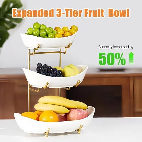 HOMKULA 3 Tier Fruit Basket, Ceramic Fruit Bowl for Kitchen Counter | Fruit Holder for Kitchen, with Metal Stand, No Installation Required, Save Space, Easy to Clean, Modern, Gold, Large thumbnail 4