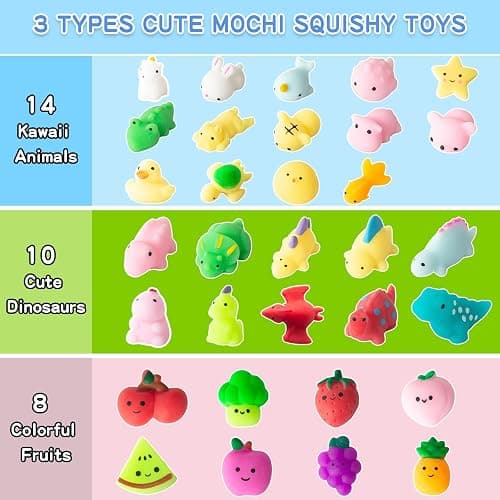 JUAUO 32 Pcs Kawaii Squishies, Mini Mochi Squishy Toys, Mix Animals Fruits Squeeze Toy, Soft Stress Relief Sensory Fidget Toys Pack for Kids Adults Birthdays Gifts Party Bag Fillers thumbnail 3