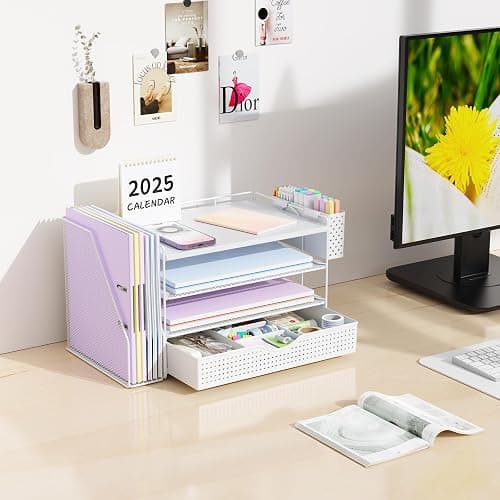 gianotter Wood Desk Organizers and Accessories with File Holder, 4-Tier Desk Accessories & Workspace Organizers with Drawer and Pen Holder, Paper Organizer for Office Supplies (White) thumbnail 2
