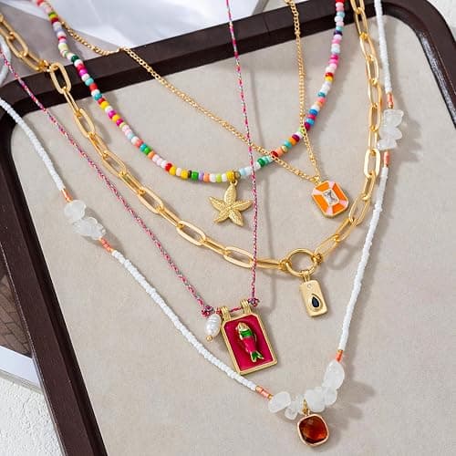 TUKVESZE Pendant Necklace Set Bohemian Style Beaded Fish Star 5 Layered Collarbone Chain, Handcraft Jewelry Accessory for Vacation Party Daily Accessories thumbnail 3