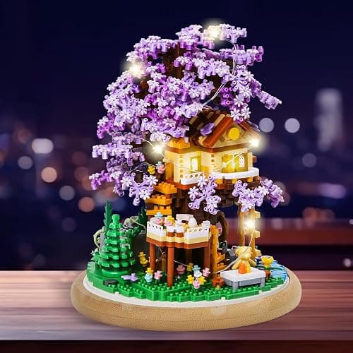 DIY Flower Building Toy Sets Miniature Cherry Blossom Tree House Building Kit, Purple & Yellow Sakura Flowers, Building Blocks Set for Adults & Girls - Bonsai Tree Model with Dust Cover thumbnail 2