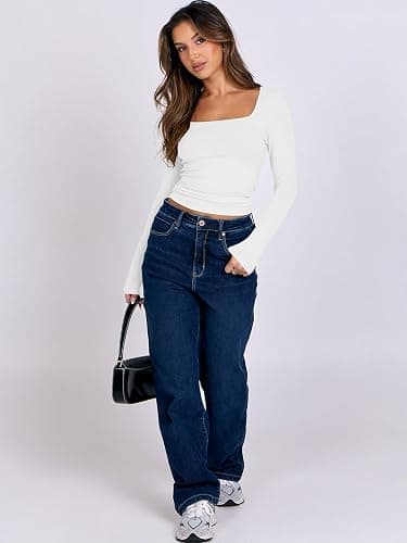 ANRABESS Women Double Lined Long Sleeve Crop Tops Shirts Square Neck Tight Fitted Going Out T-Shirt Basic Tee Outfits 2025 - Small - White thumbnail 4