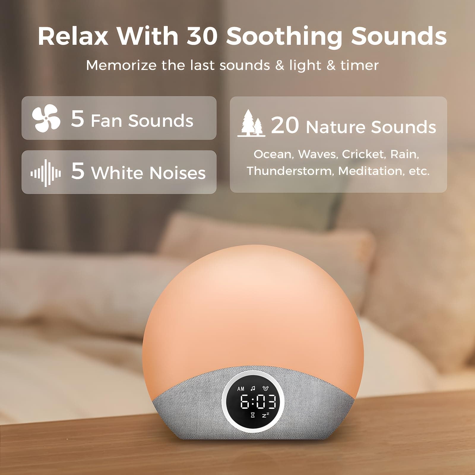 Omebel Sunrise Alarm Clock & White Noise Machine 2-in-1, 30 Soothing Sound for Sleeping, 8 Night Light, Memory Function, Sunrise Alarm Wake Up Lights, Sound Machine for Baby Sleeping Bedroom Decor thumbnail 3