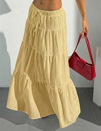DERAX Women's Boho Flowy White Maxi Skirt Ruffle Elastic Waist Long Skirts | Flared, Summer, A Line, High Waisted, 2026 Spring, Fall, Drawstring, Casual, Beach, Vacation, Midi Skirt with Lining thumbnail 3
