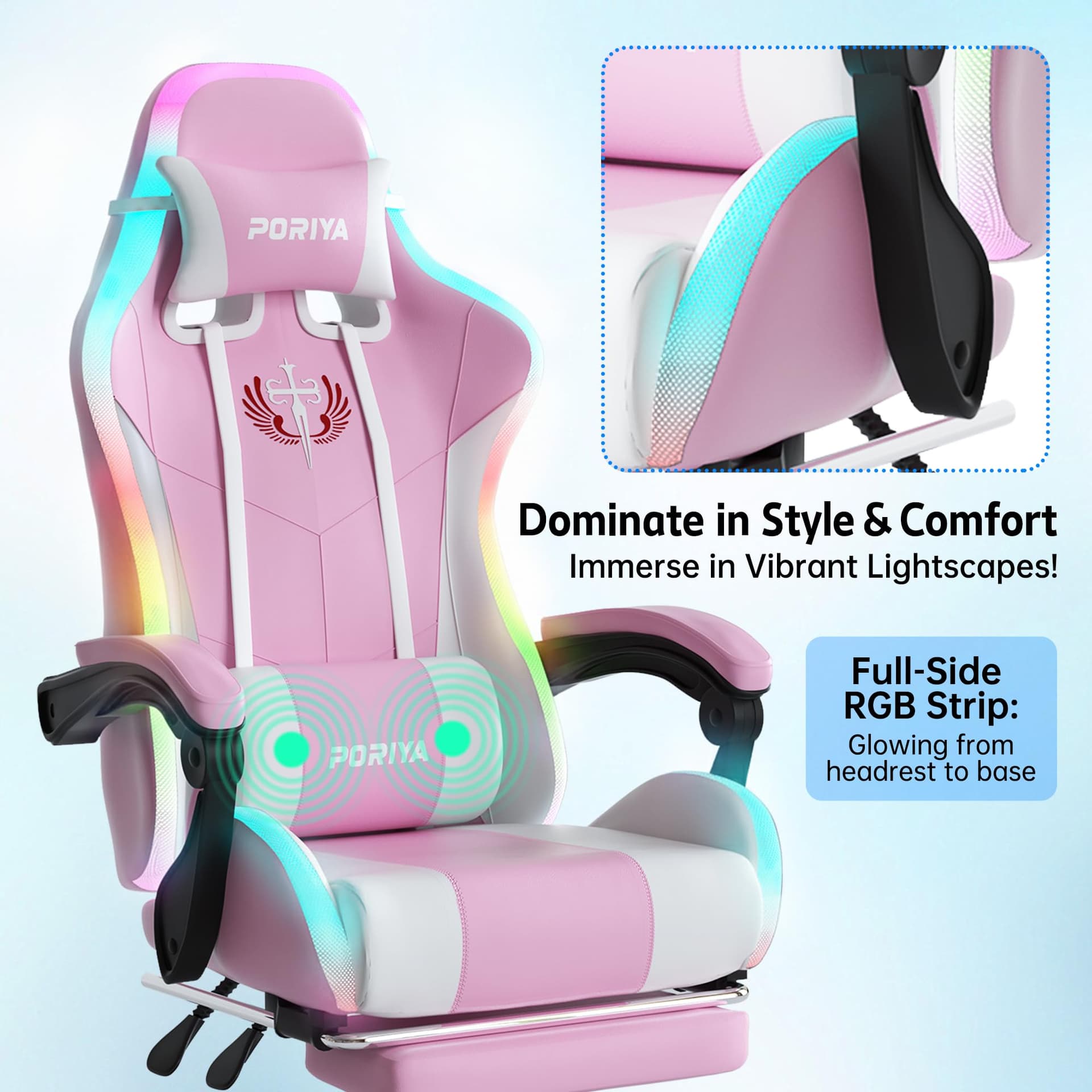 Gaming Chair with Adjustable Backrest, Ergonomic Executive Office Chair, Height Adjustable Racing Chair Maximum Gaming Experience (Pink Massage&LED) thumbnail 8