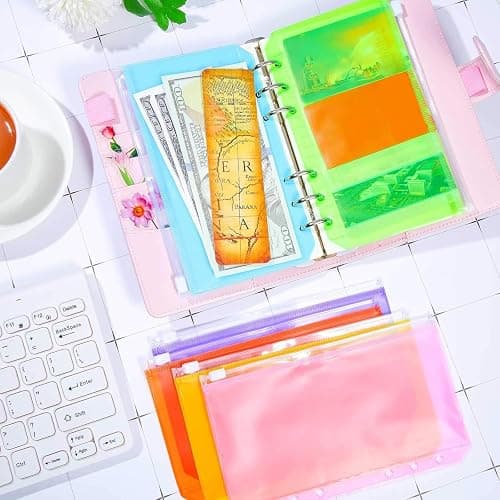 Zonon 12 Pcs A6 Binder Zipper Folders Pockets 6 Holes Budget Binder with Cash Envelopes PVC Loose Leaf Bag Waterproof Pouch Document Filing Bags(A6,Pink, Blue, Orange, Green, Yellow, Purple) thumbnail 6