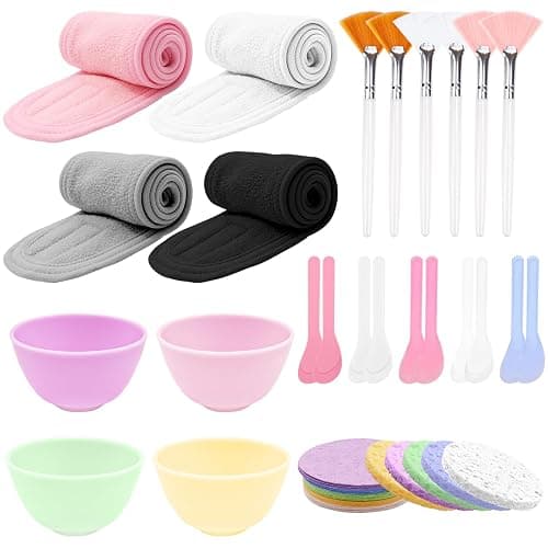 39 Pcs Esthetician Facial Supplies Set: 4 Silicone Facial Bowls, 4 Facial Headbands, 15 compressed sponges, 10 facial spatula, 6 Facial Cosmetic Fan Brushes for Mud Cream, Makeup Peel, Face Cleansing - Image 1