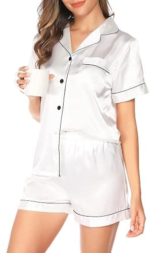 Vlazom Damen Satin Schlafanzug Kurzarm Satin Pyjama Set mit Knopfleiste Zweiteiliger Hausanzug thumbnail 6