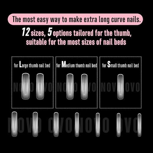 NOVO OVO Curved Nail Tips Press on Full Cover, Extra Curve Square Gel x Thick Long XL XXL Acrylic Fake Nails Extension kit, Clear Pre-etched Soft French False Nail 12 Sizes 240pc (QUEEN SQUARE PRO) - XXL QUEEN SQUARE PRO thumbnail 6