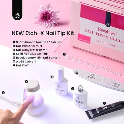 Beetles Gel Nail Kit Short Almond, with Dehydrator and Primer, 576Pcs Half Matte Etch-X Gel Nail Tips Solid Nail Glue Mini Lamp Acrylic Tips Easy DIY Extension Set Gift for Women thumbnail 8