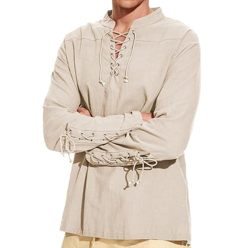 Men's Pirate Shirt Medieval Renaissance Steampunk Retro Long Sleeve Lace up T Shirt Viking Gothic Halloween Costume Top thumbnail 2