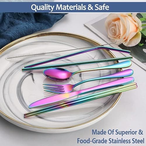 Portable Reusable Travel Utensils Silverware With Case, Camping Cutlery Set, Chopsticks and Straw, Flatware With Case, Stainless Steel Rainbow Top thumbnail 6