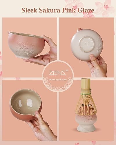 ZENS Matcha Whisk Set, Pink Ceramic Matcha Bowl with Embossed Sakura, 6pcs Matcha Tea Kit Includes Bamboo Whisk, (Chasen Holder) Scoop & Sifter, Tea Towel for Matcha Ceremony, Pink thumbnail 5