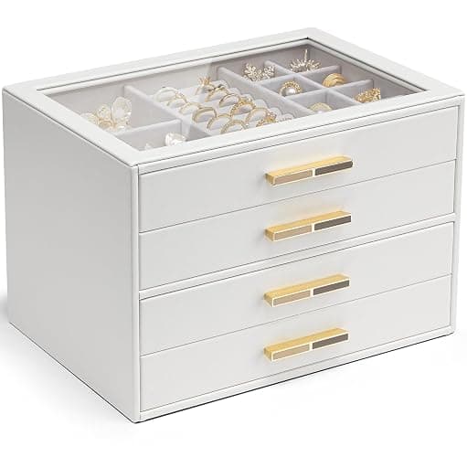 Vlando Jewelry Box for Women, Glass Lid Jewelry Organizer with 4 Drawers for Necklaces Rings Earrings Bracelets Christmas Gift - White - Image 1