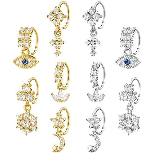 Misdary 10 Pcs 20g Dangle Nose Rings Hoops Dangling Nose Piercing Jewelry Evil Eye Star Moon Cross Cute Rings Cartilage Earring for Women - Image 1