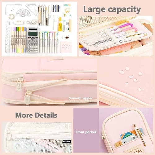 MAMUNU Expandable Pencil case with compartments, Large Capacity Pencil Cases Pencil Bag Pouch Office School, Portable Pencil Case Large School Stationery Organizer, Makeup Cosmetic Bag, Pink thumbnail 4